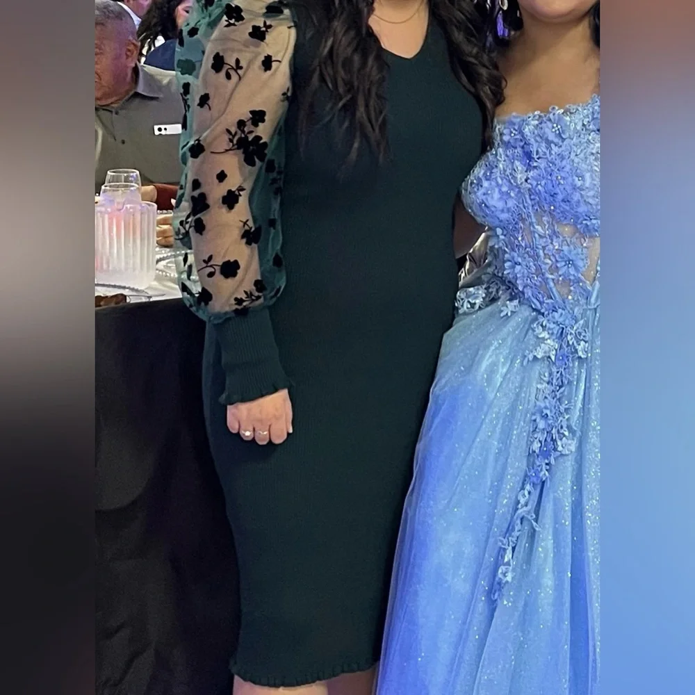 🎉HP🎉 Almost Famous Green Sweater Dress Organza Long Sleeve with Black Flowers - Picture 10 of 10